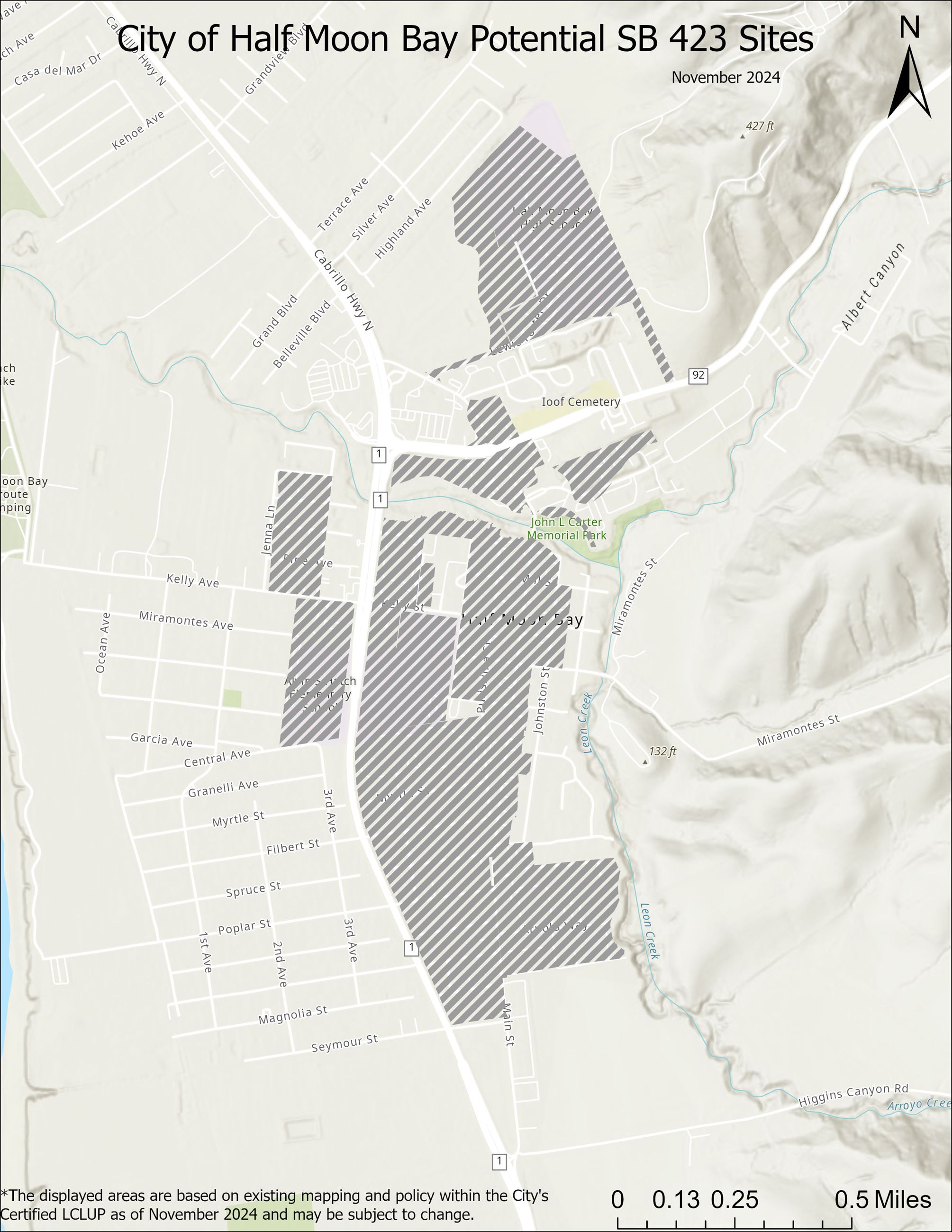Map showing the potential SB 423 eligible areas within the City of Half Moon Bay