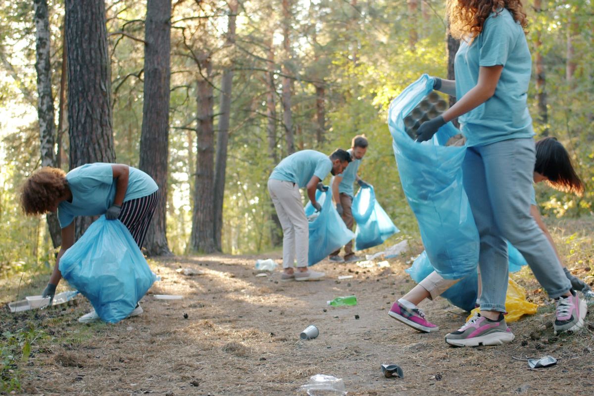 A group of people cleaning up a trail during a brisk morning